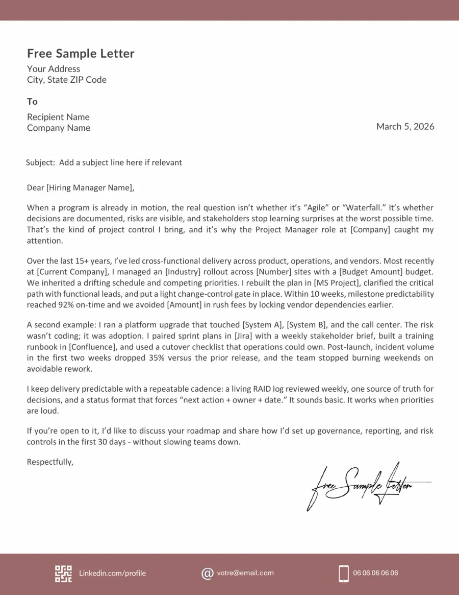 Project Manager Cover Letter Template Preview Before Download Word/PDF