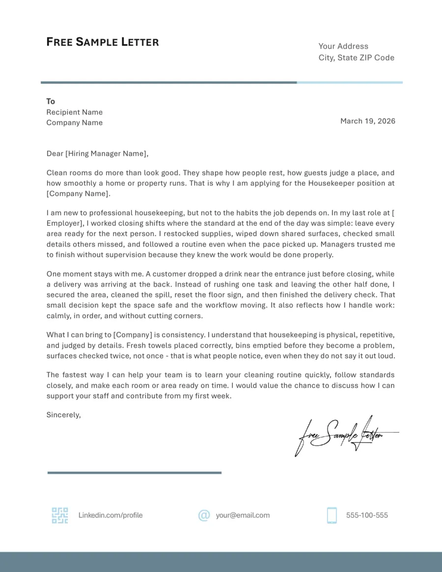 Housekeeper Cover Letter Template Preview Before Word or PDF Download
