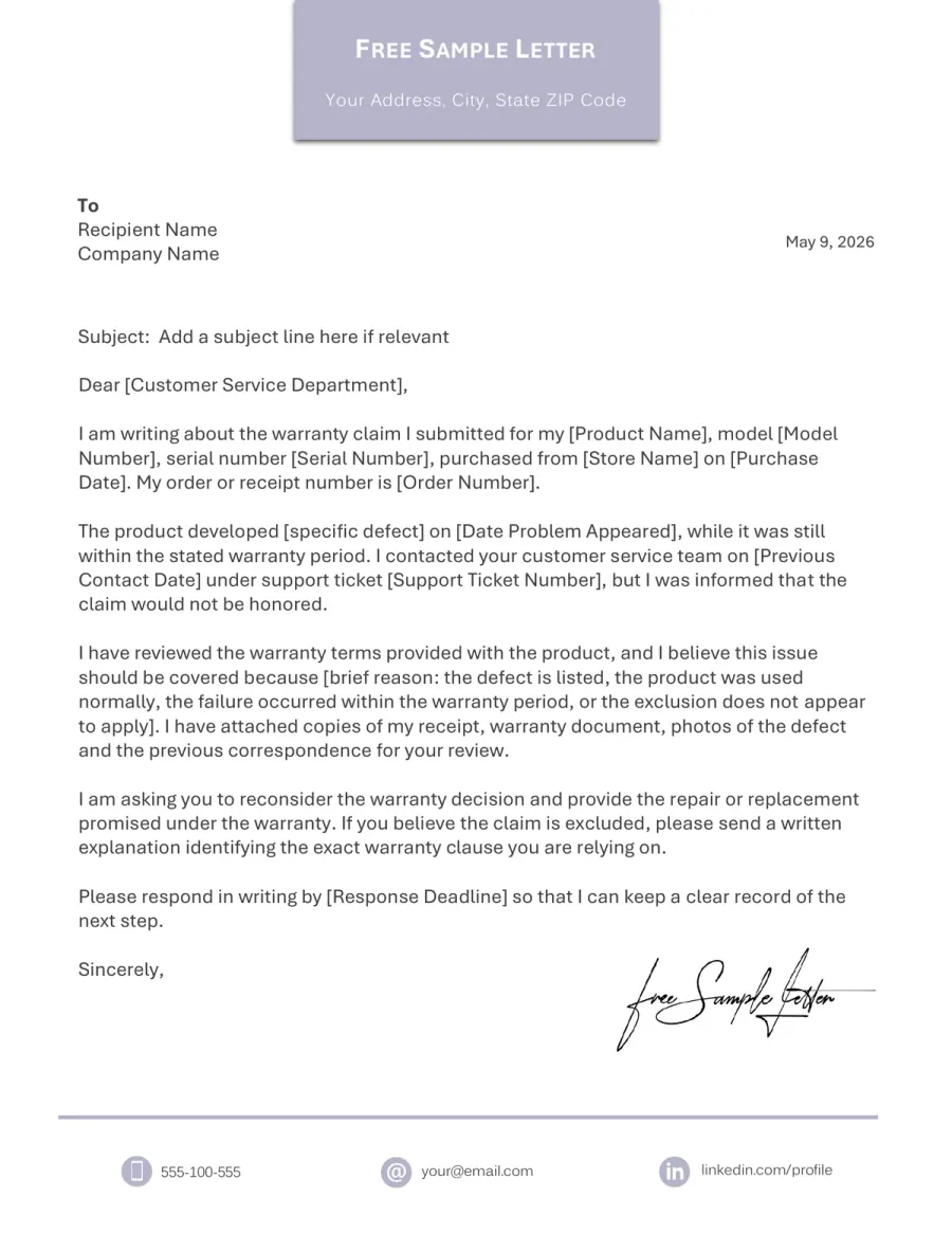 Preview of the Warranty Complaint Letter Template You Can Download