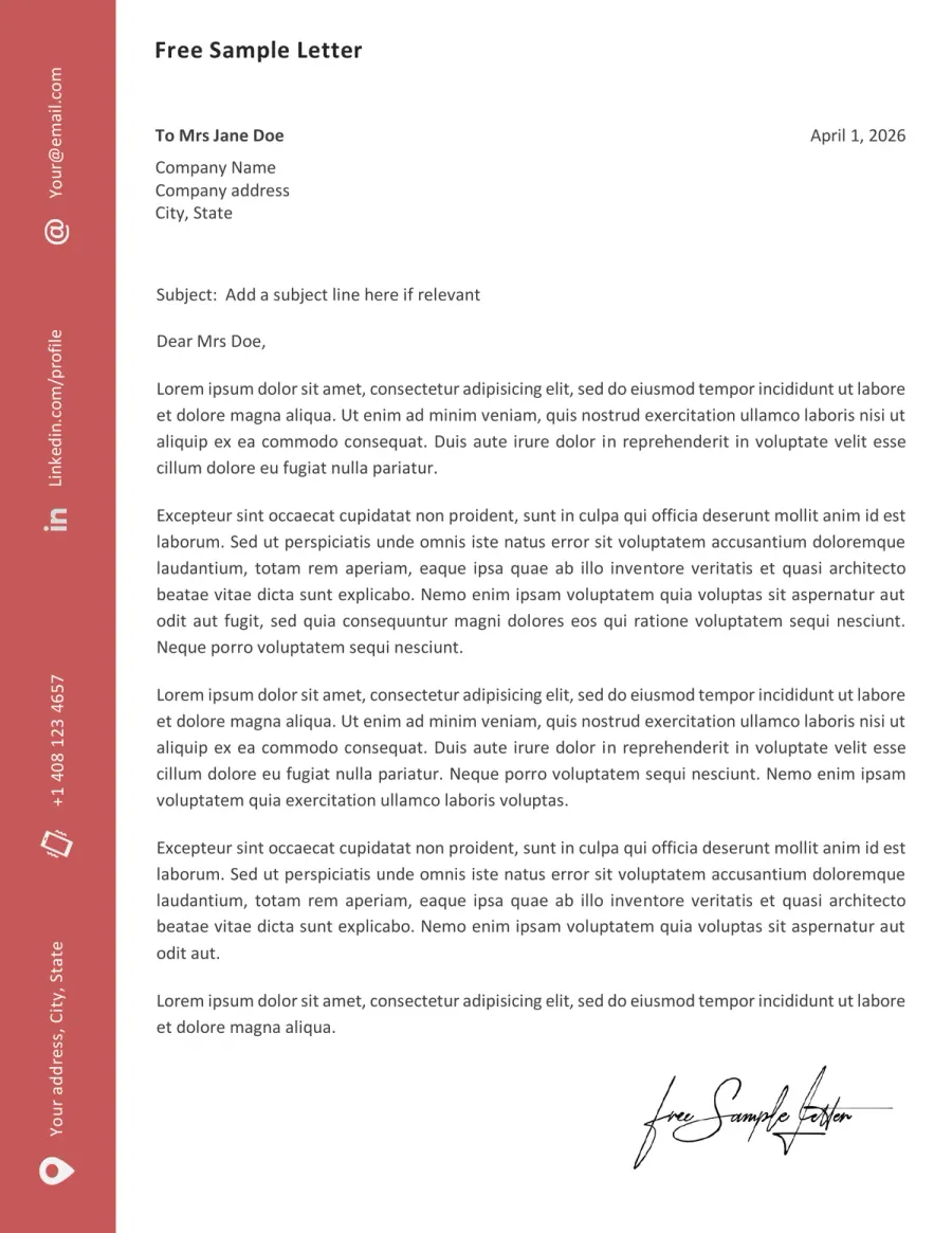 Preview of the large left sidebar Word letter template
