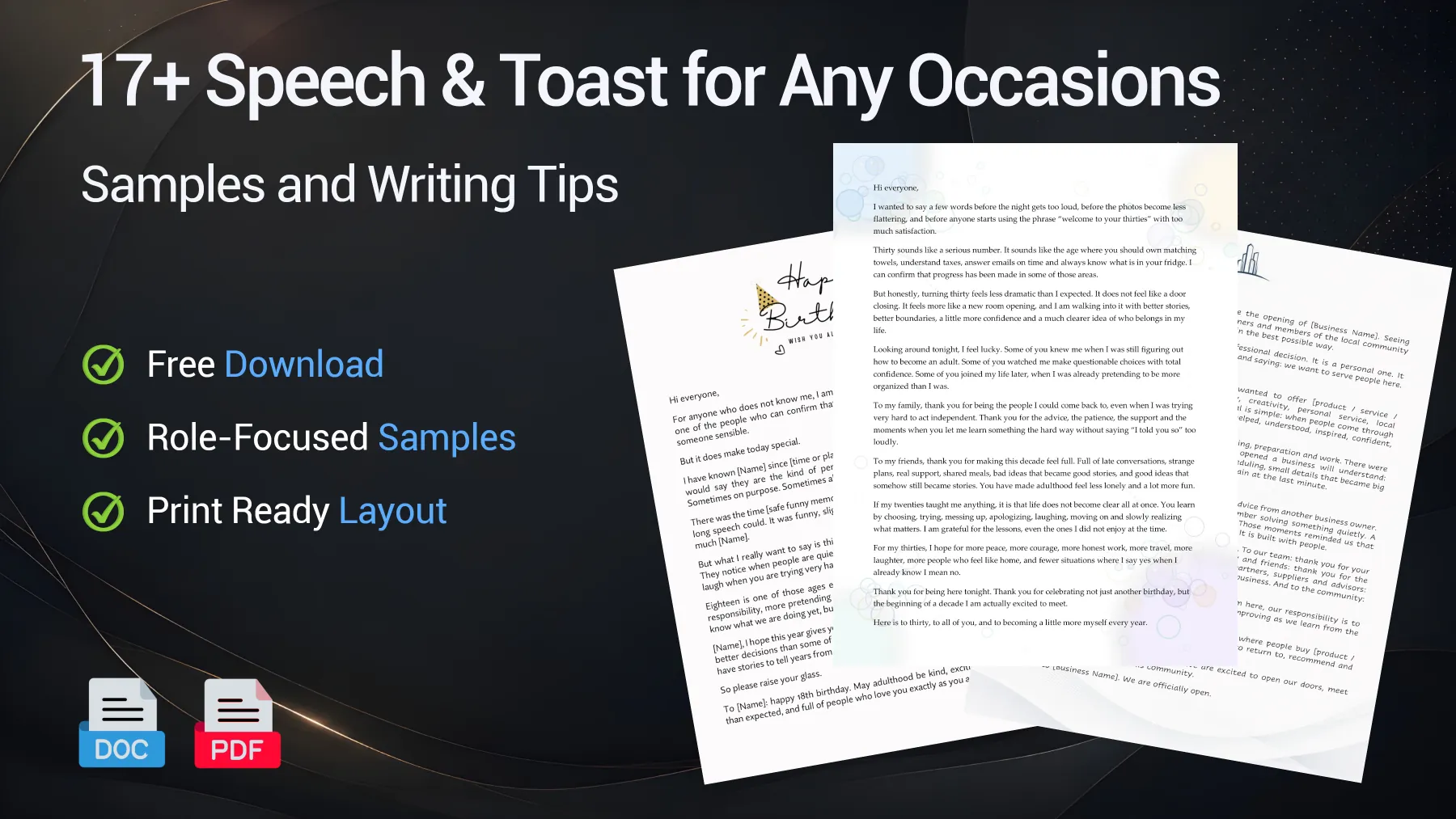 Speech and toast examples for birthdays, weddings, personal events and professional occasions