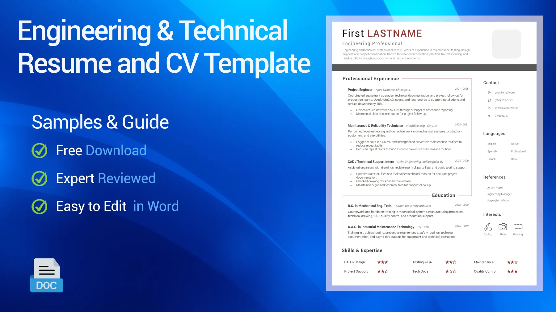 Engineering and technical CV sample for design, testing, and technical project roles