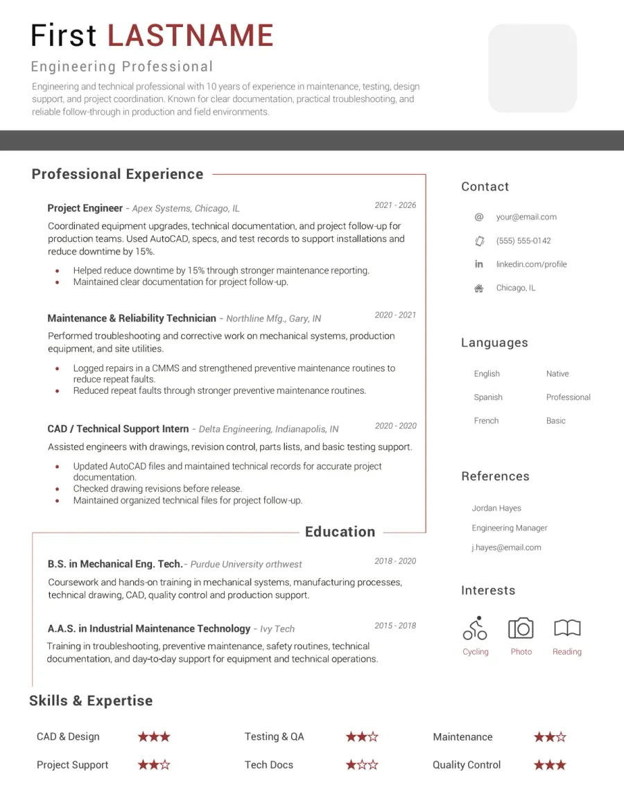 Preview of the Free Engineering & Technical CV Example You Can Download
