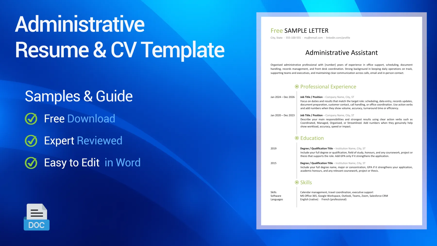 Administrative and office CV sample for assistant, clerical, and front office receptionist roles