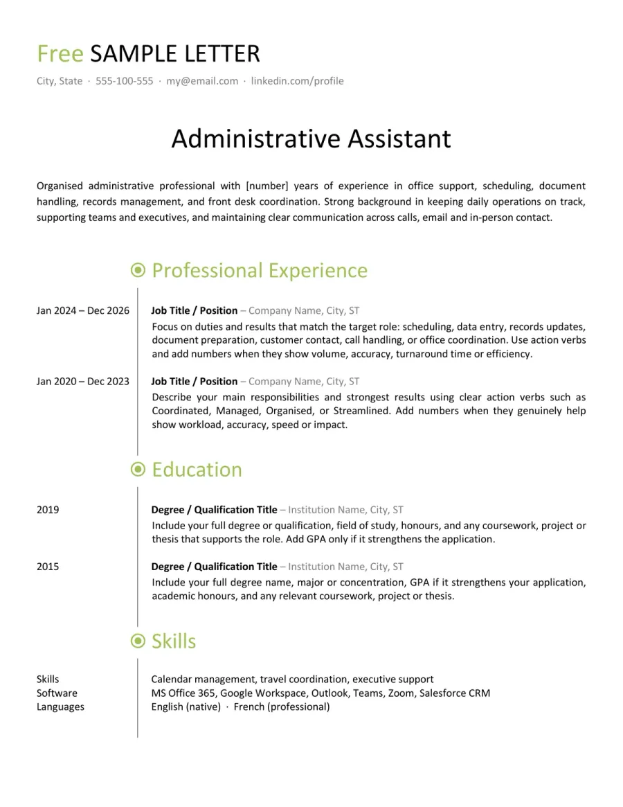 Preview of the Free Administrative & Office CV Example You Can Download