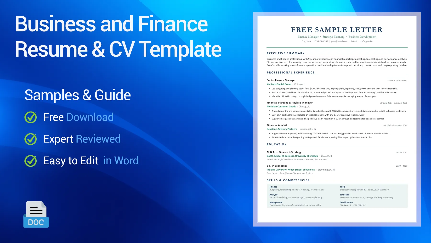 Business and finance CV sample for accounting, financial analysis, and corporate roles