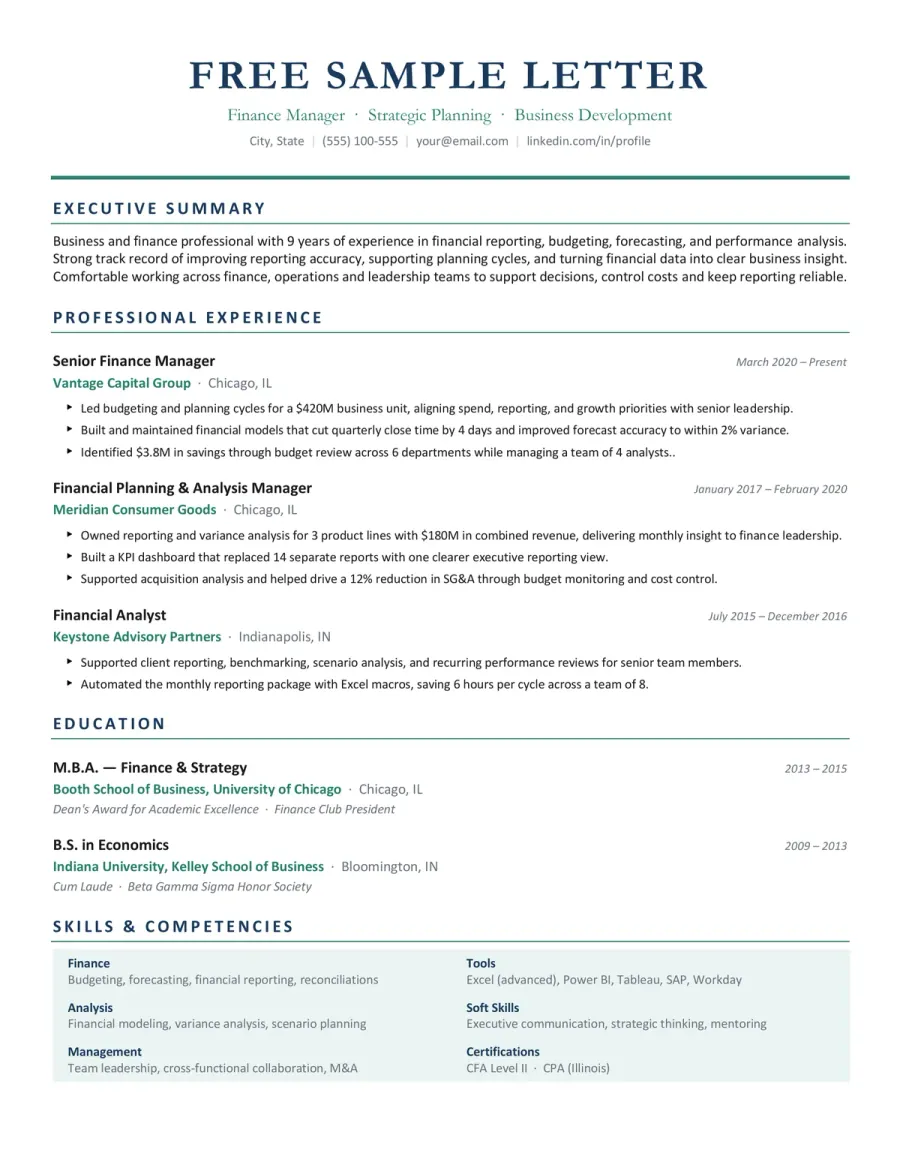 Preview of the Free Business & Finance CV Example You Can Download
