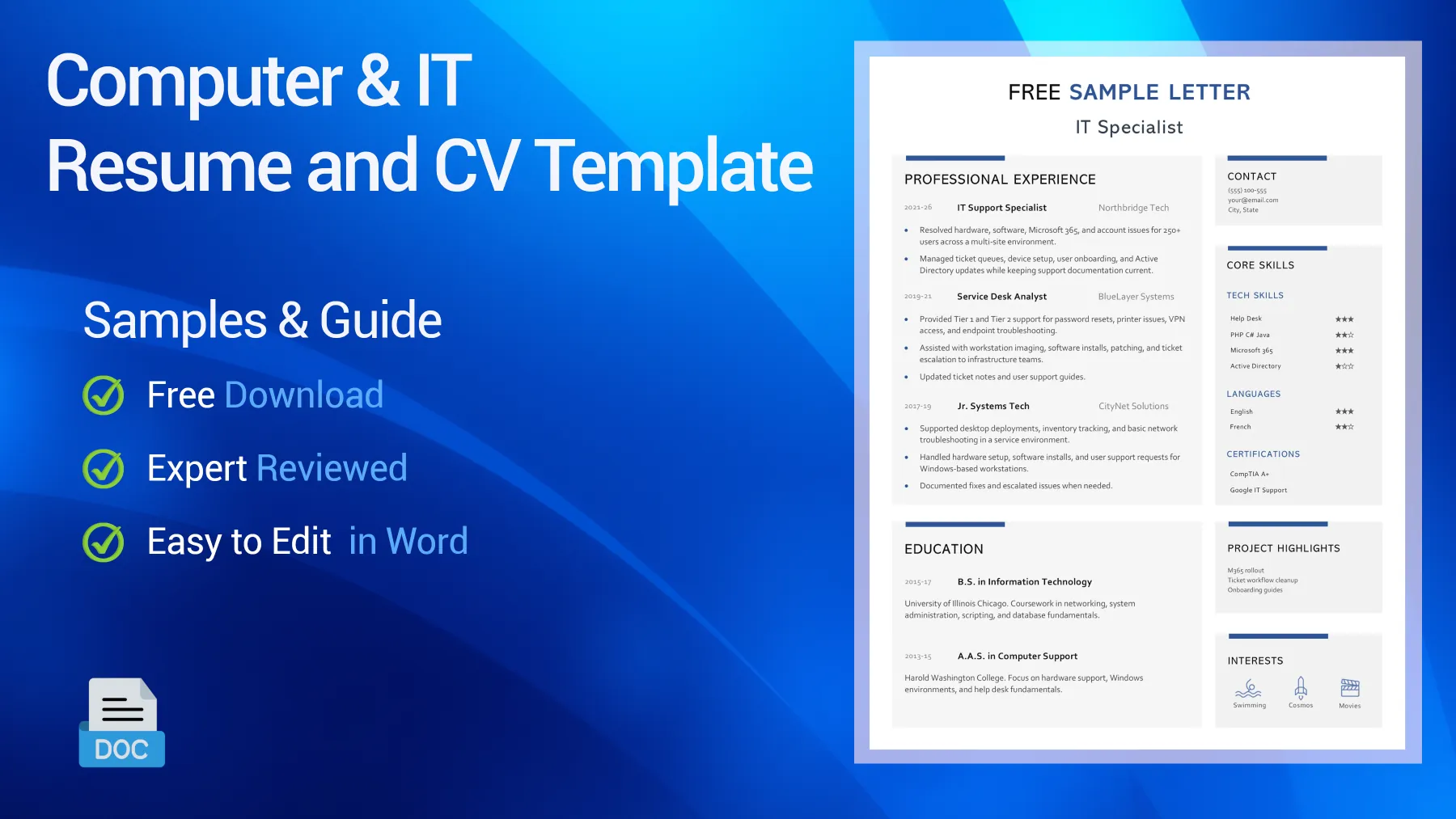 Computer and IT CV sample for software, support, and systems roles