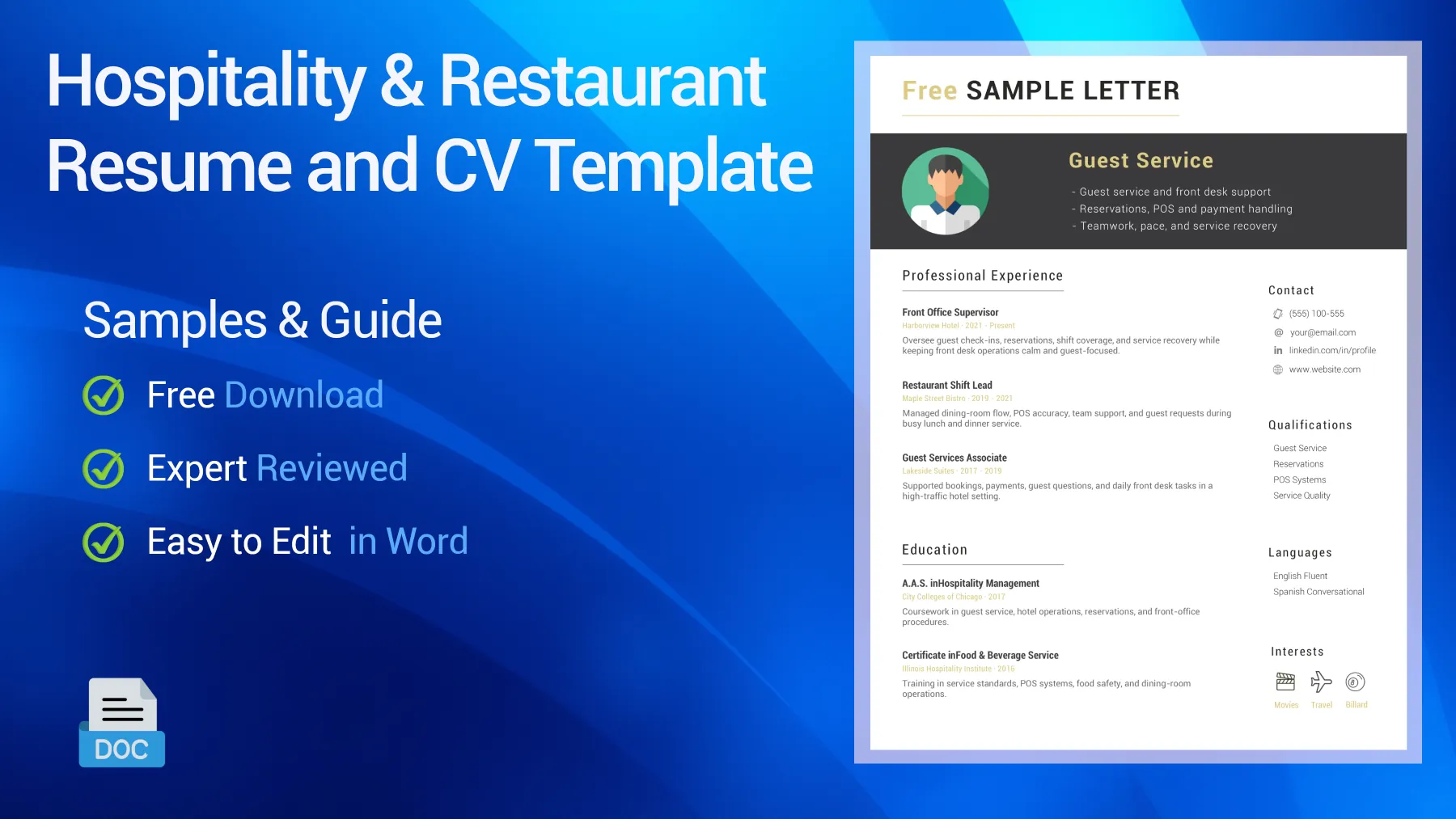 Hospitality and restaurant CV sample for hotel, restaurant, and guest service roles