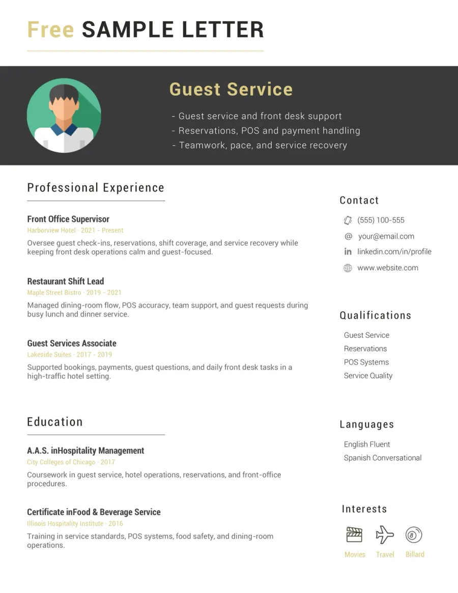 Preview of the Free Hospitality & Restaurant CV Example You Can Download