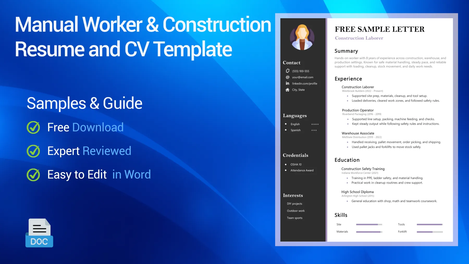 Manual worker and construction CV sample for site, warehouse, and production roles
