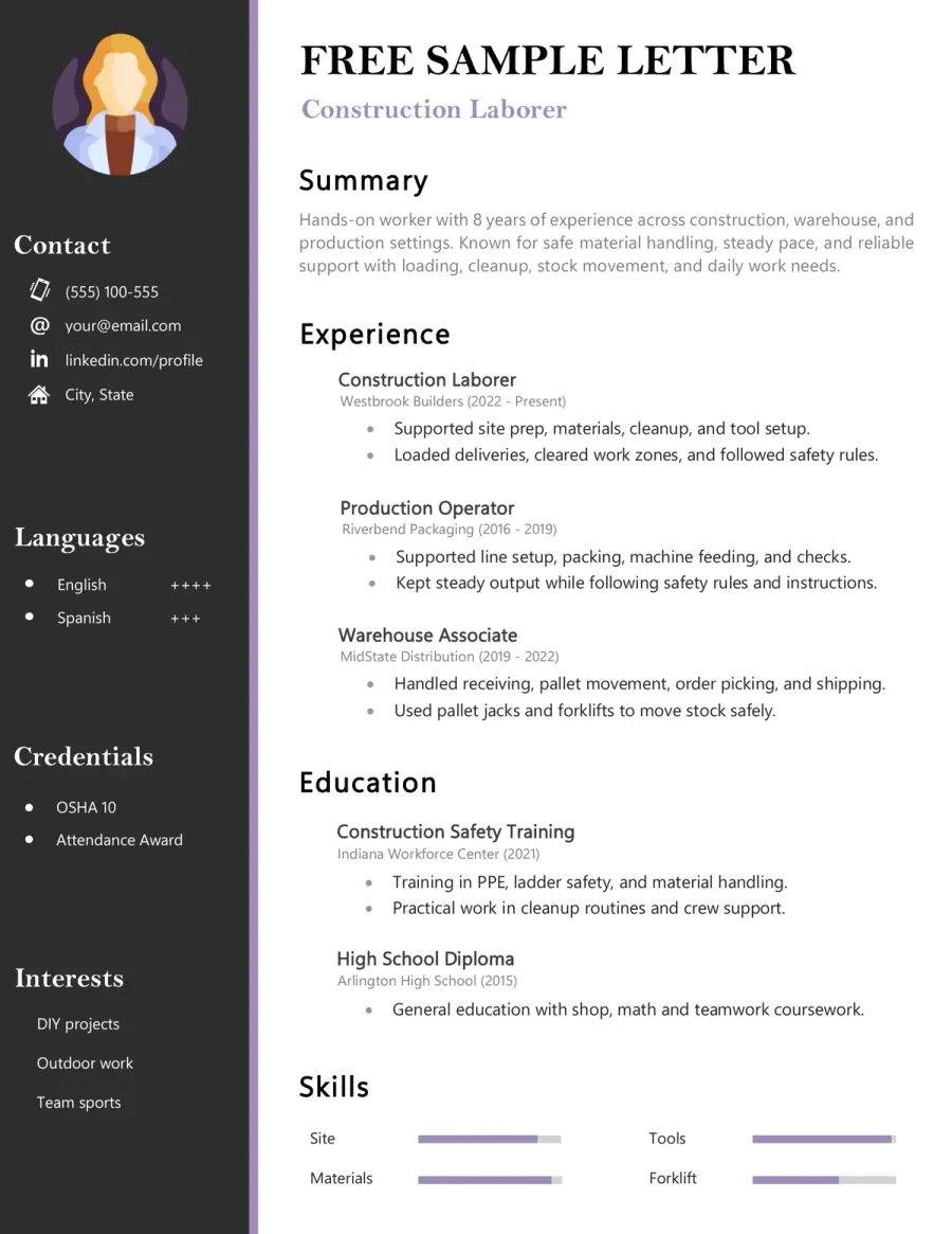 Preview of the Free Manual Worker & Construction CV Example You Can Download
