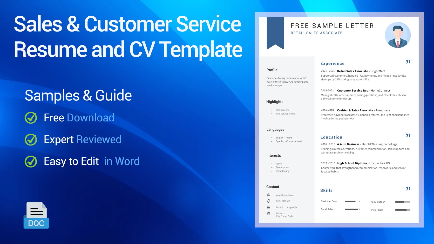 Sales and customer service CV sample for retail, support, and service roles
