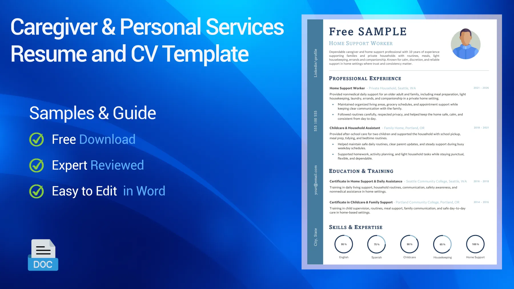 Caregiver and personal services CV sample for home support, childcare, and household roles