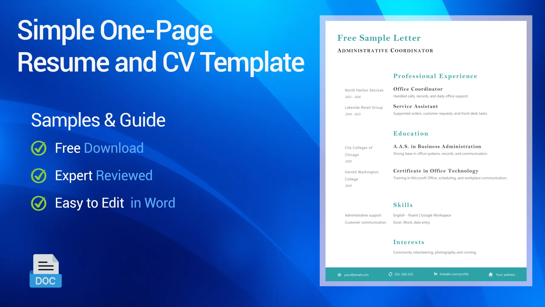 Simple one-page CV sample template with a clean and easy-to-scan layout