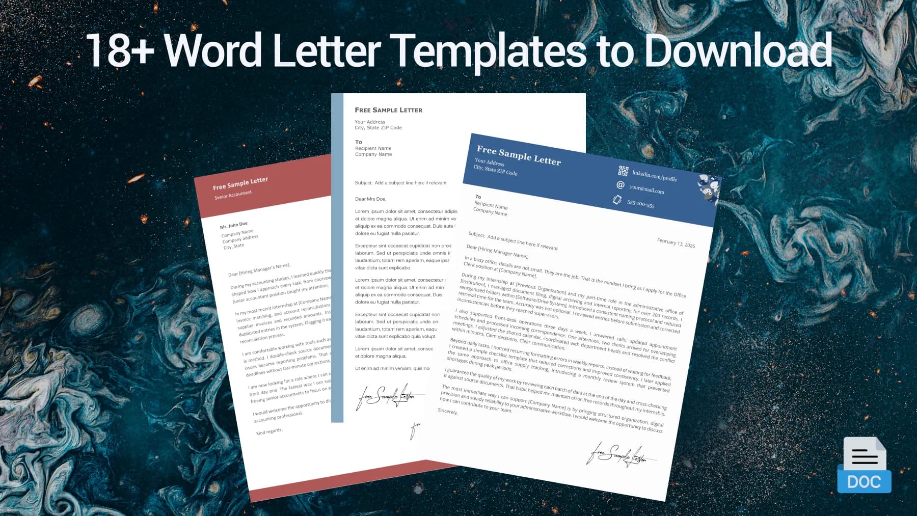 Preview of free letter templates and writing examples for different document types.
