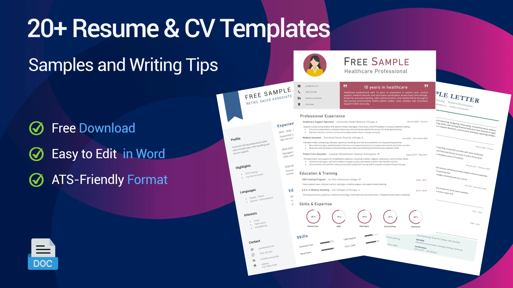 Preview of free CV and resume templates with clean, professional layouts.