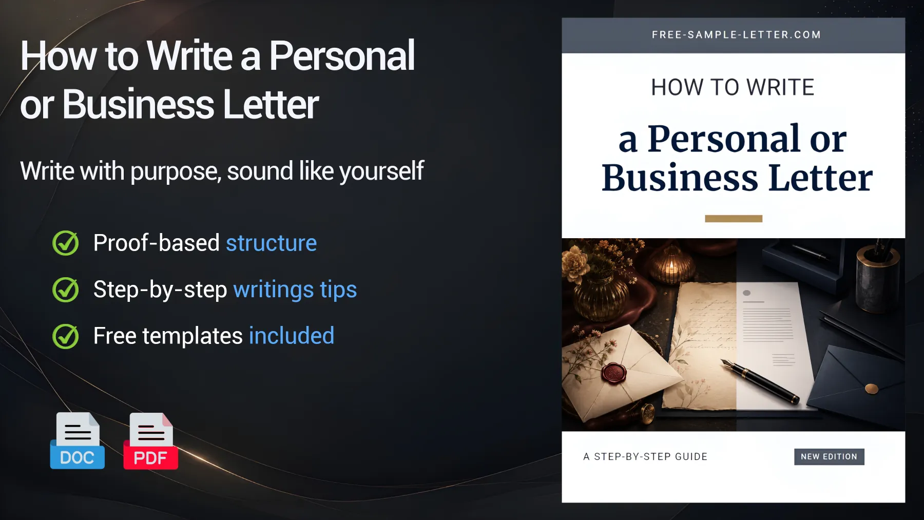 Downloadable letter writing guide with format tips, personal letter examples and business letter templates
