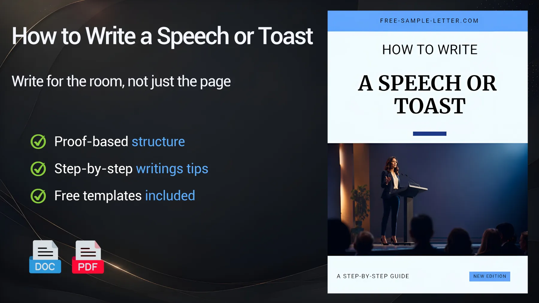 Downloadable speech writing guide with tips for toasts, tributes and public remarks