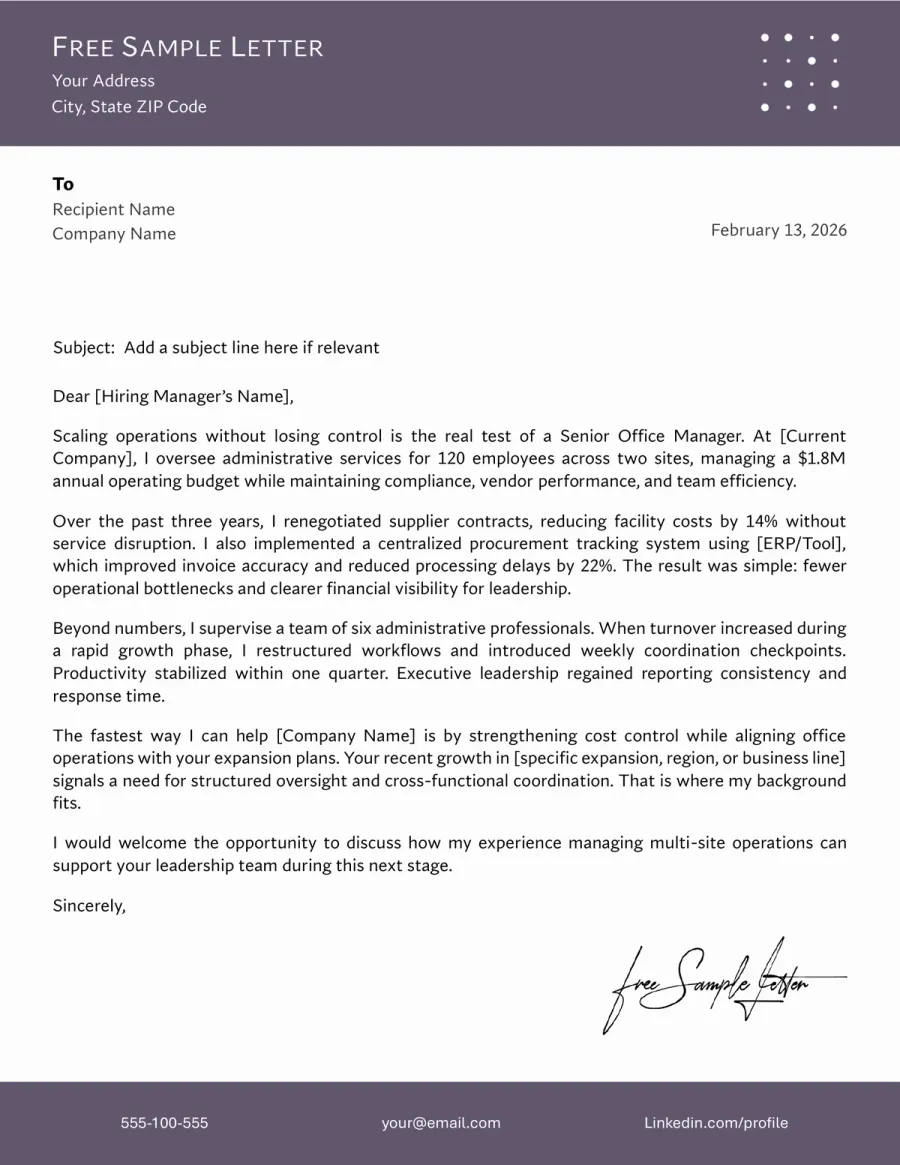 Senior Office Manager Cover Letter Template Preview Before Download