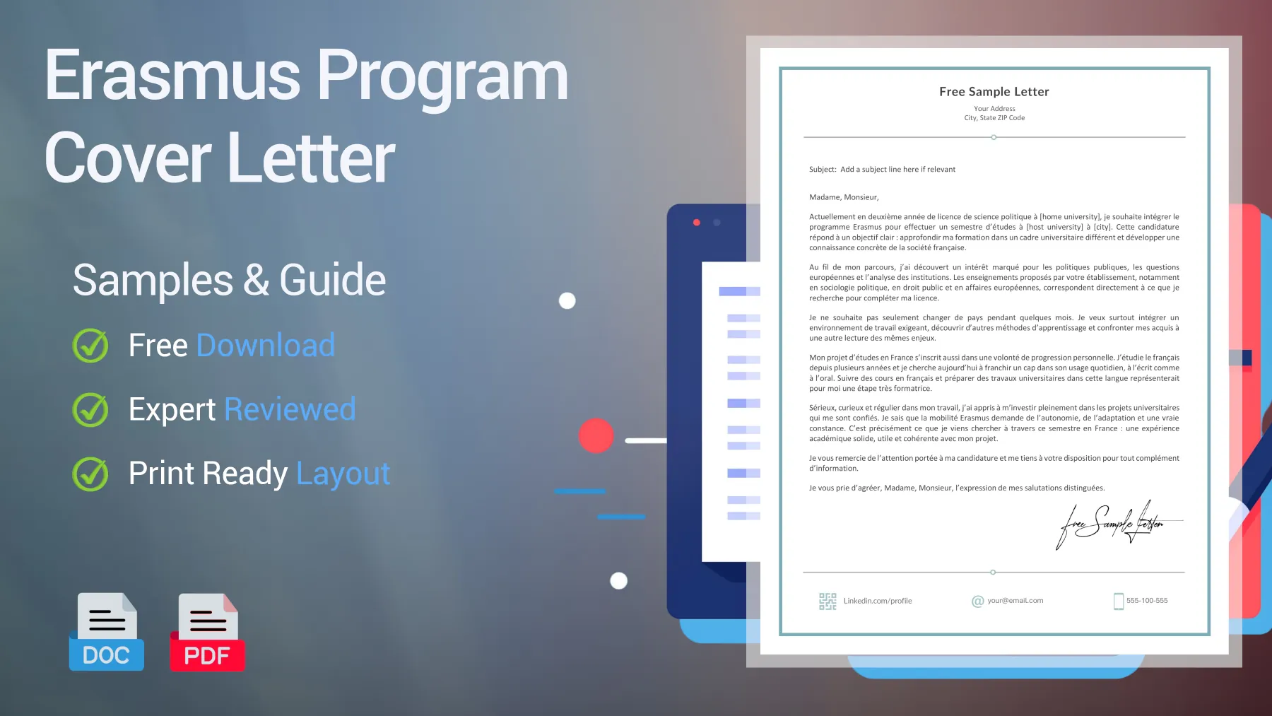 Example of an Erasmus program cover letter for a university exchange position in France