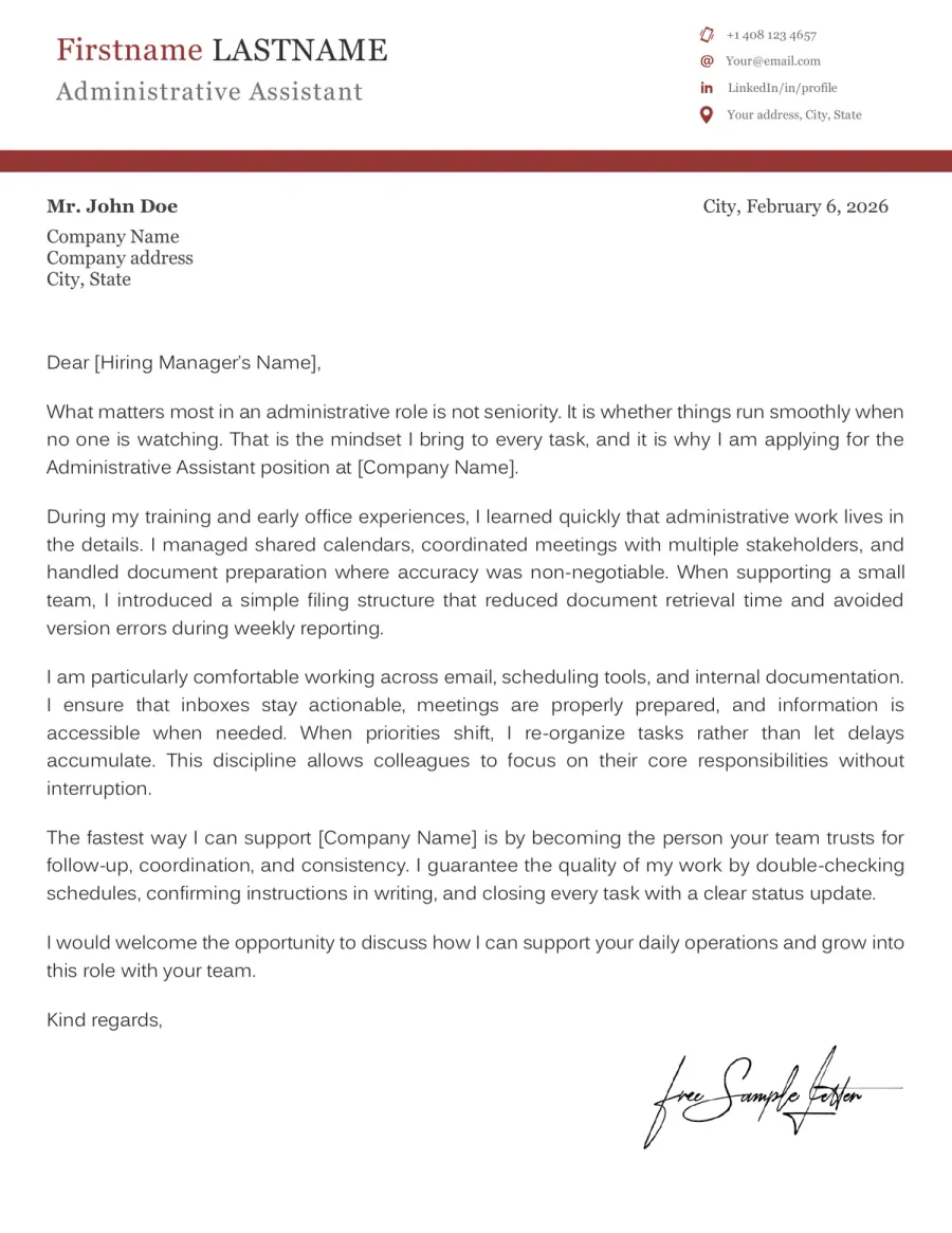 Administrative Assistant Cover Letter Template (Preview Before Download)