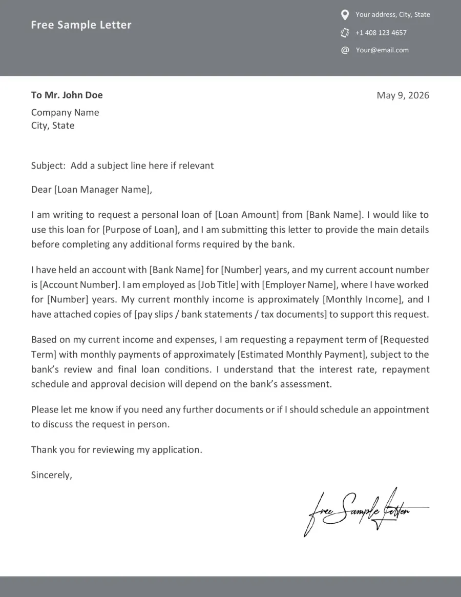 Preview of the Bank Loan Request Letter Template You Can Download