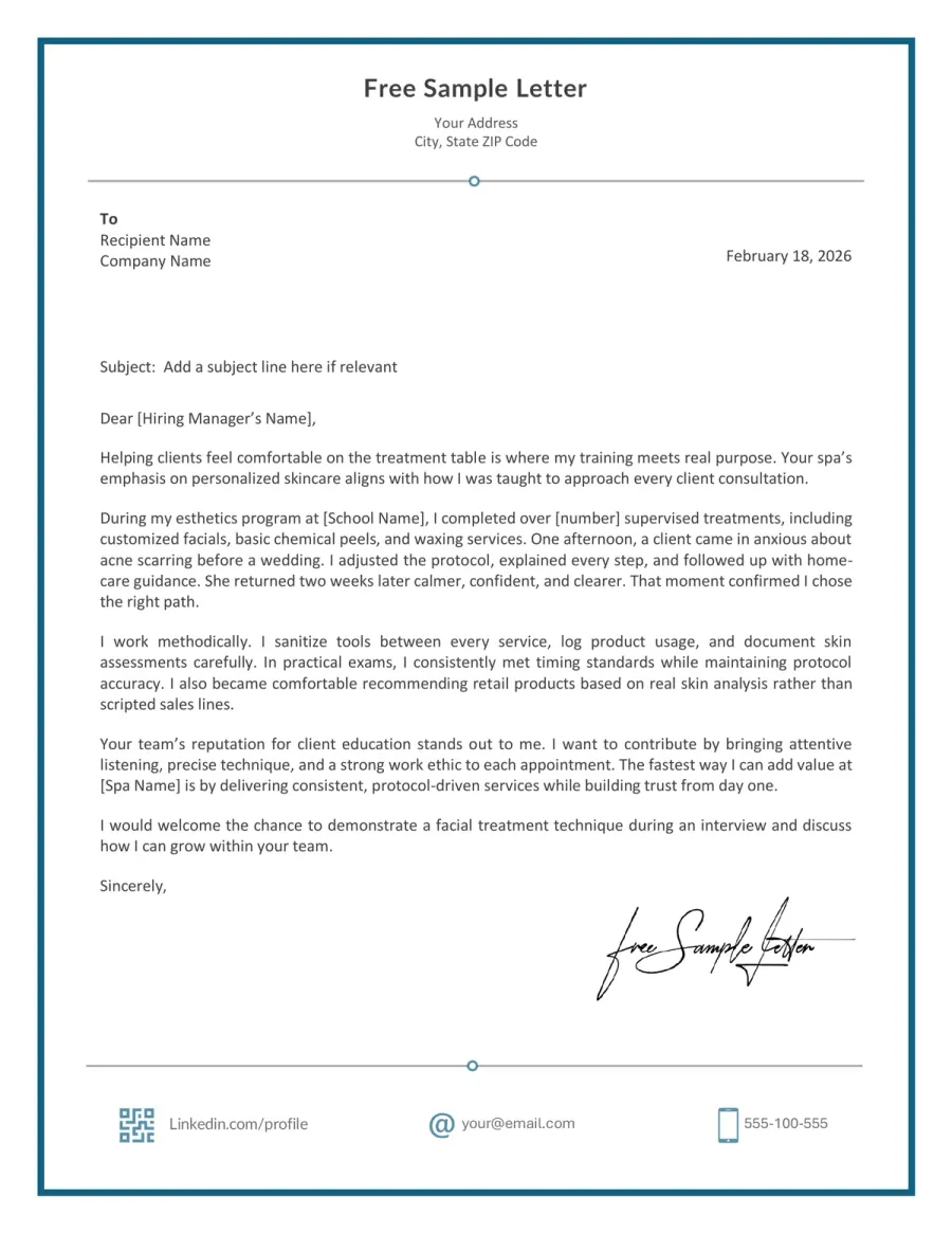 Esthetician Cover Letter Template Preview Before Download