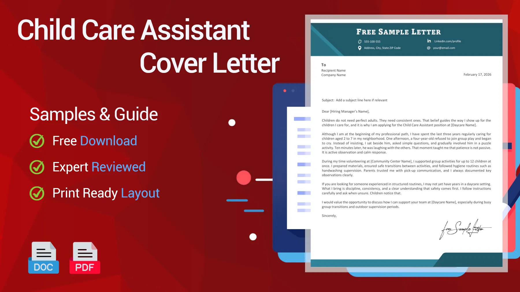 Example of a Child Care Assistant cover letter for a daycare position