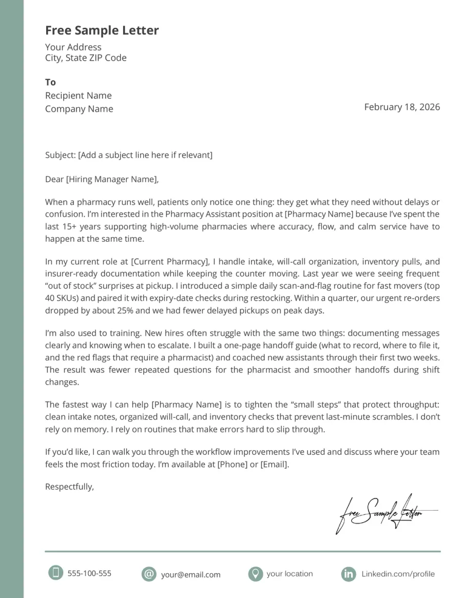 Pharmacy Assistant Cover Letter Template Preview Before Download