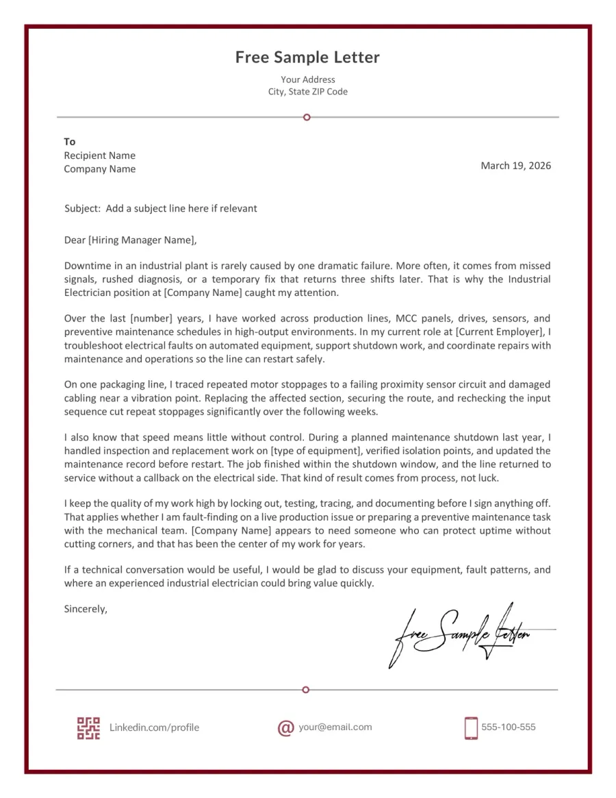Electrician Cover Letter Template Preview Before Word/PDF Download