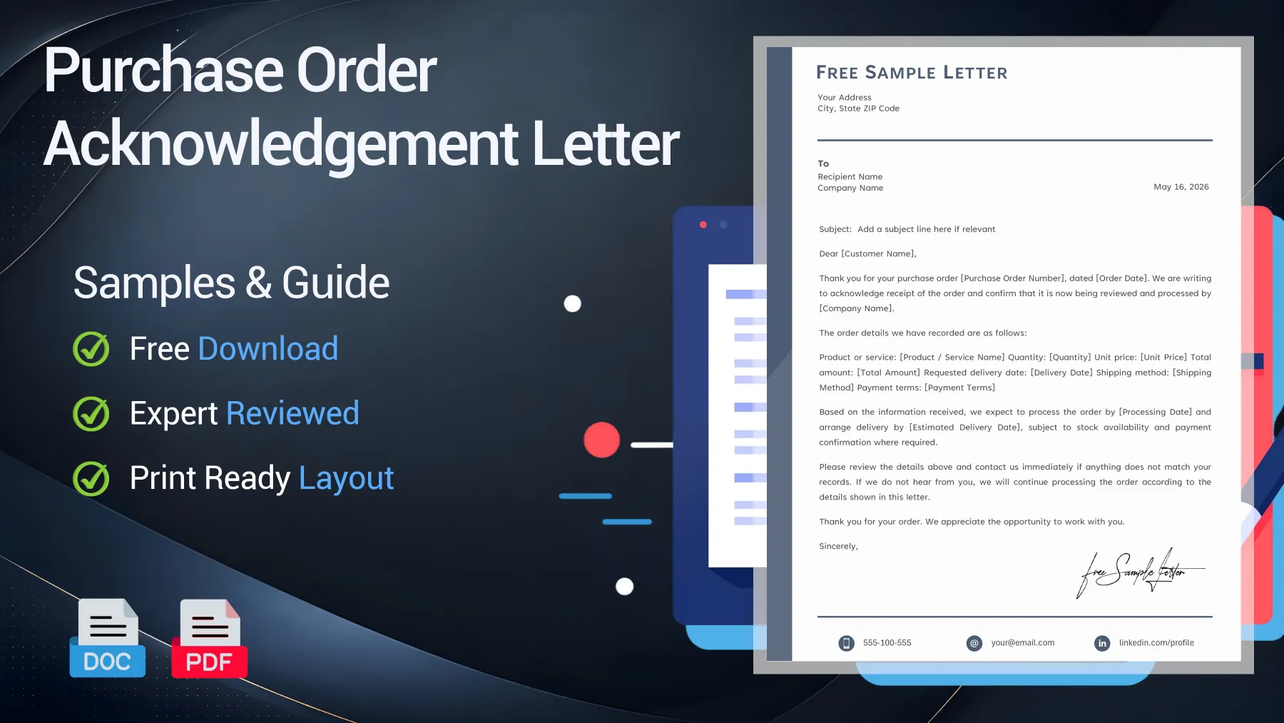 Example of a purchase order acknowledgement letter confirming order details and delivery terms
