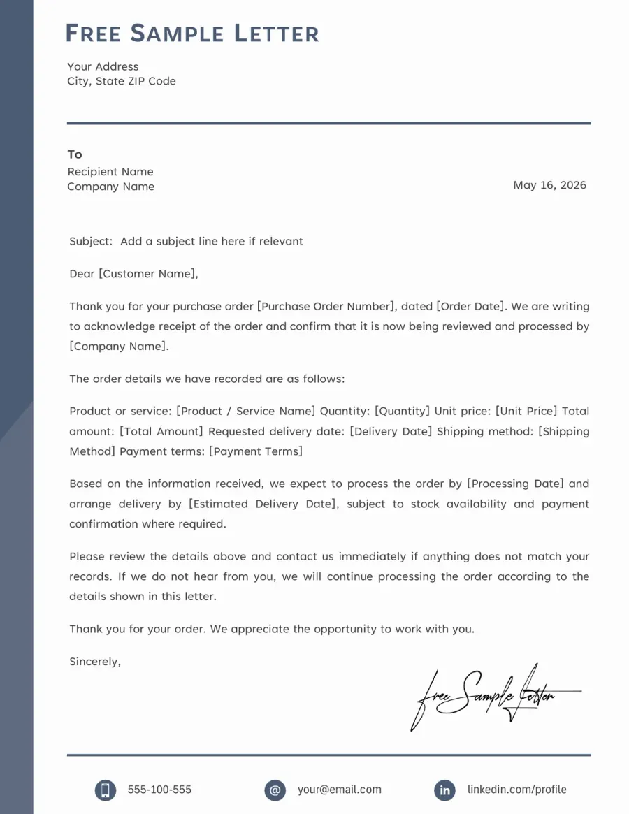 Preview of the Free Purchase Order Acknowledgement Template