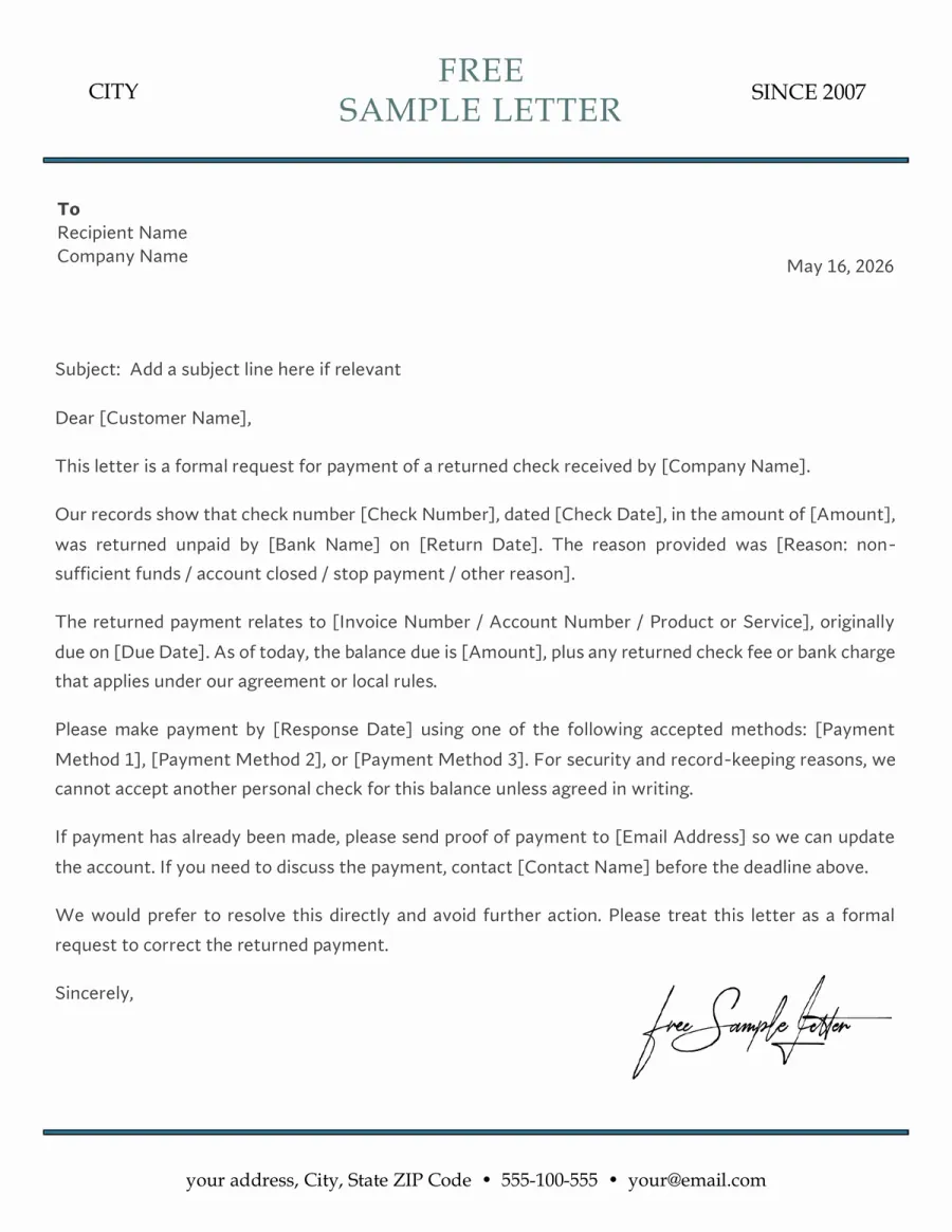 Preview of the Free Bad Check Notice Letter Template