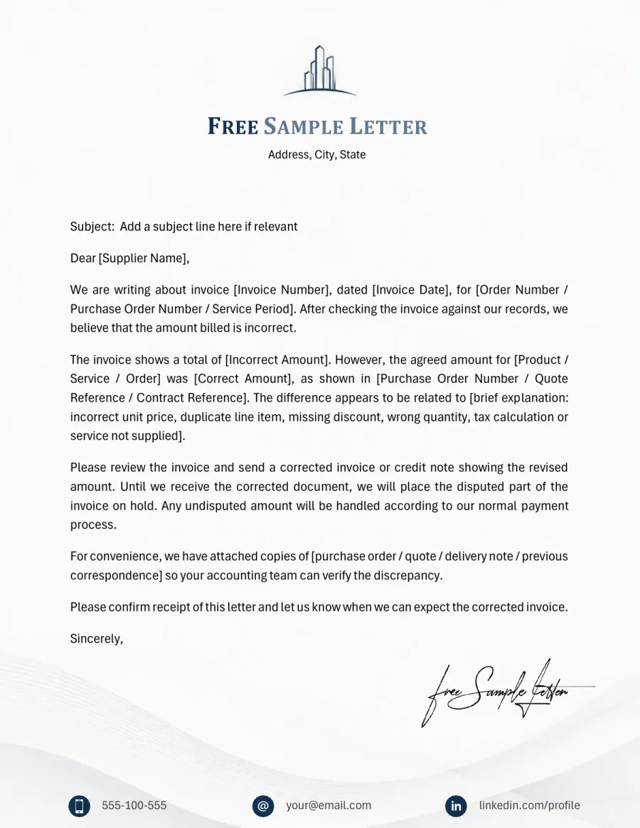 Preview of the Free Invoice Billing Error Letter Template