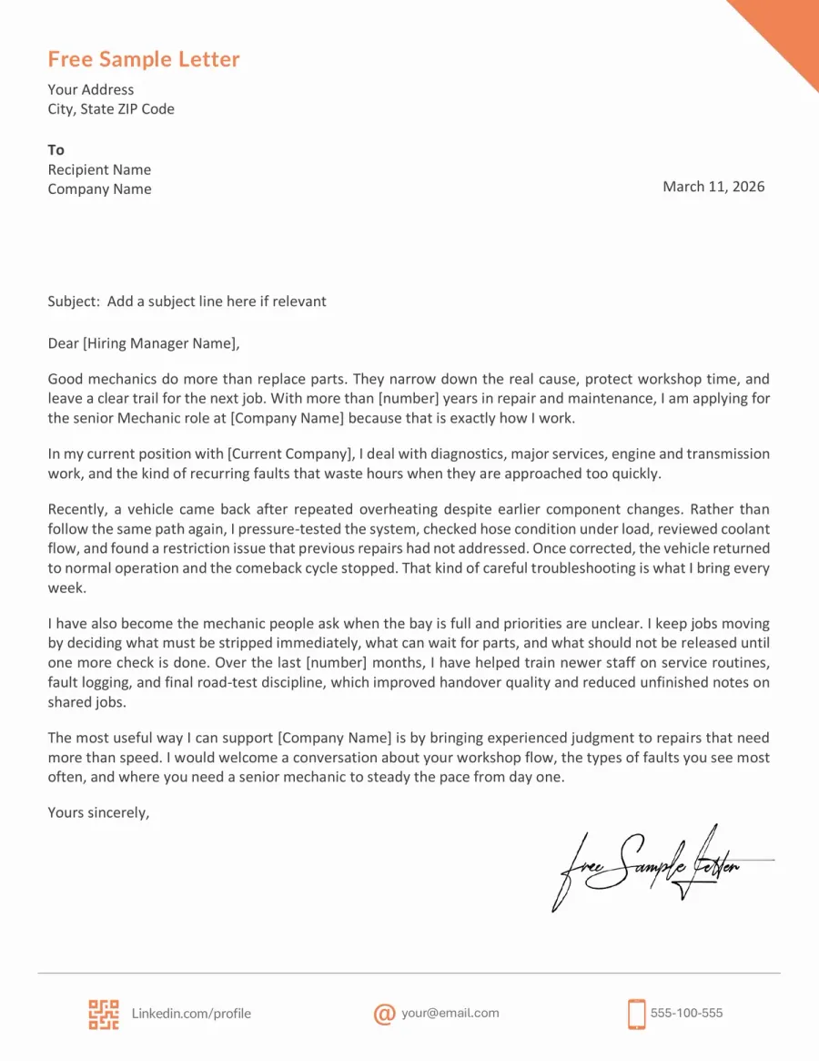 Mechanic Cover Letter Template Preview Before Download (Word/PDF)