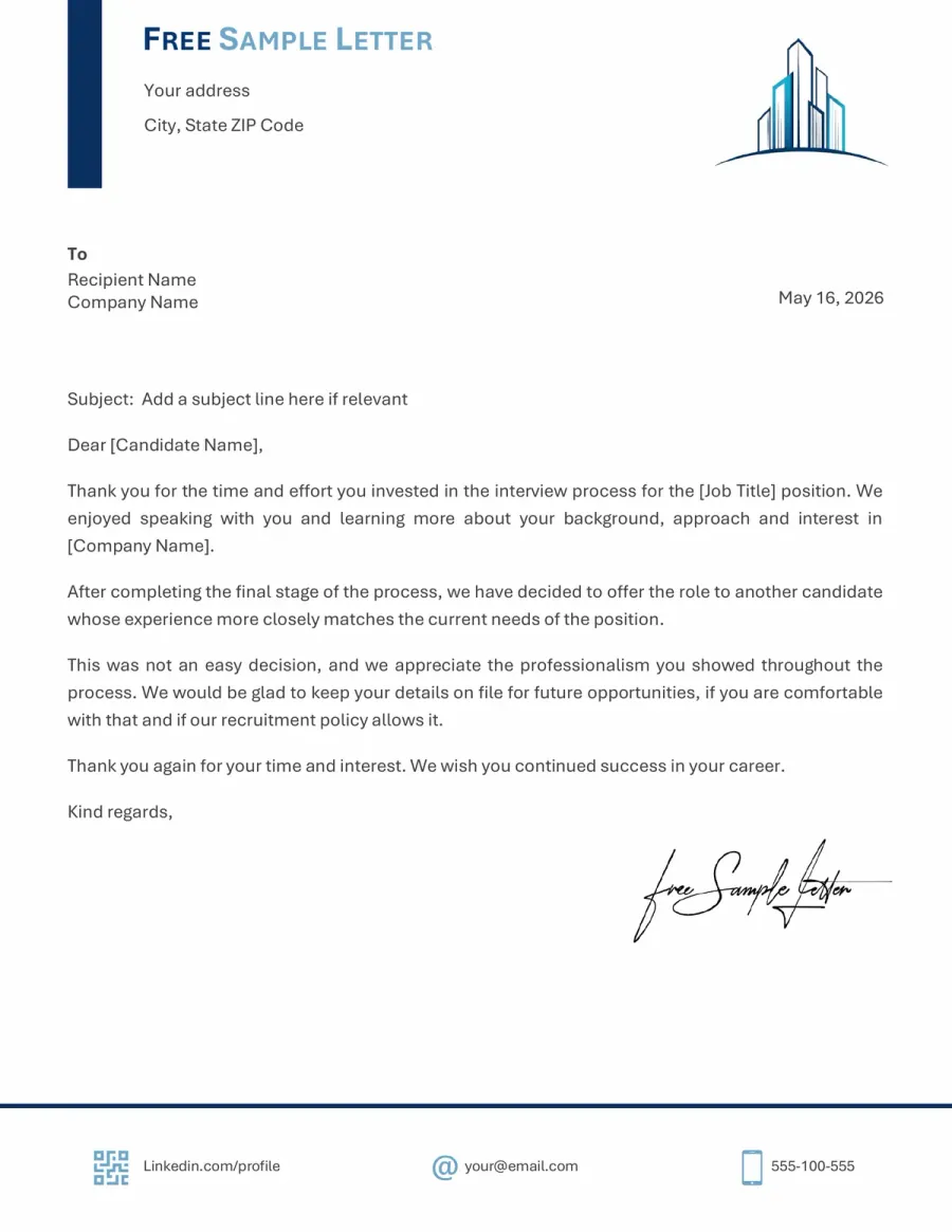 Preview of the Free Candidate Rejection Letter Template