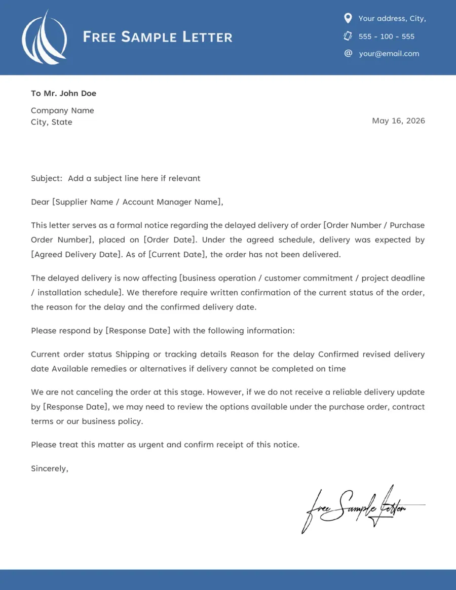Preview of the Free Late Delivery Notice Letter Template