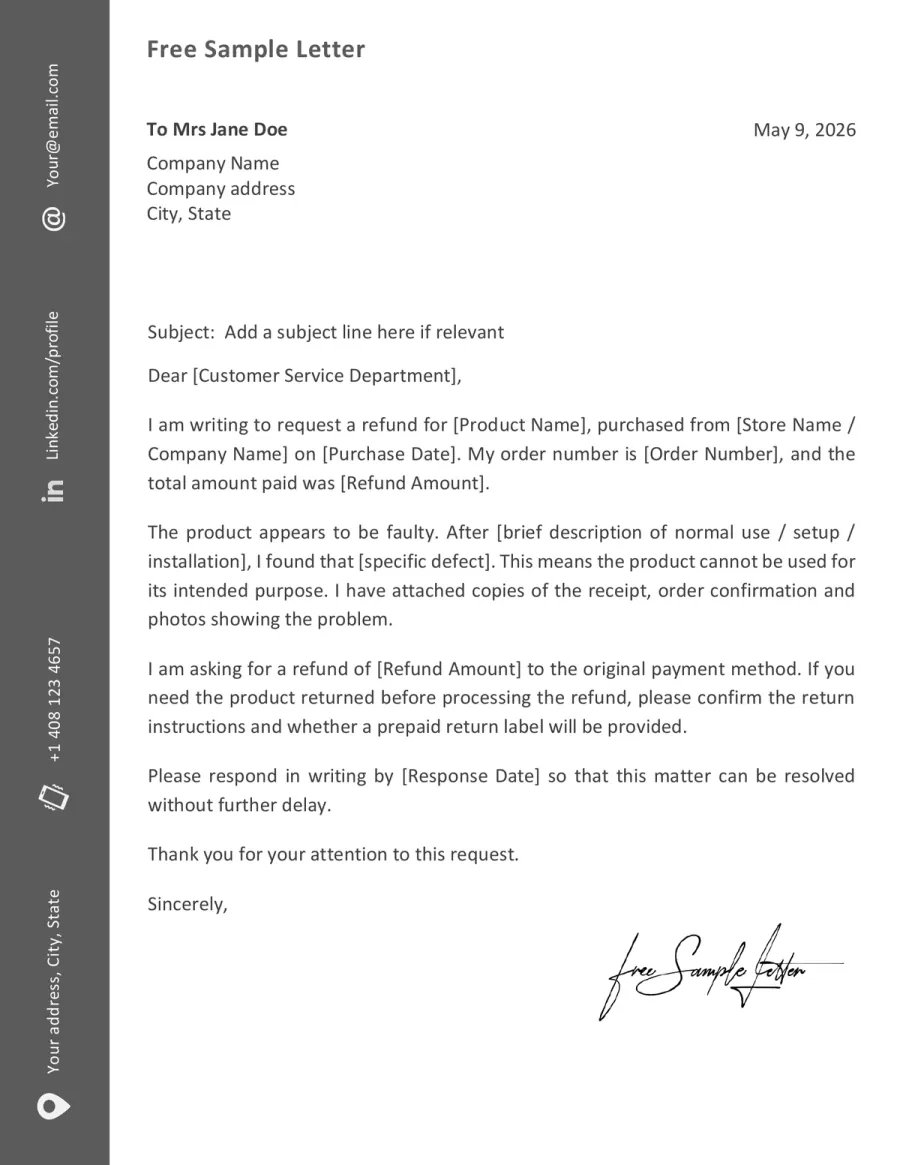 Preview of the Refund Request Letter Template You Can Download