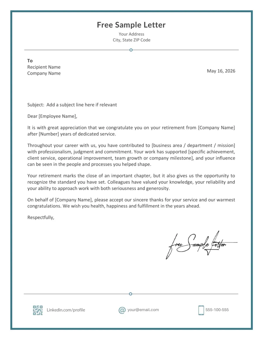 Preview of the Free Retirement Congratulations Letter Template