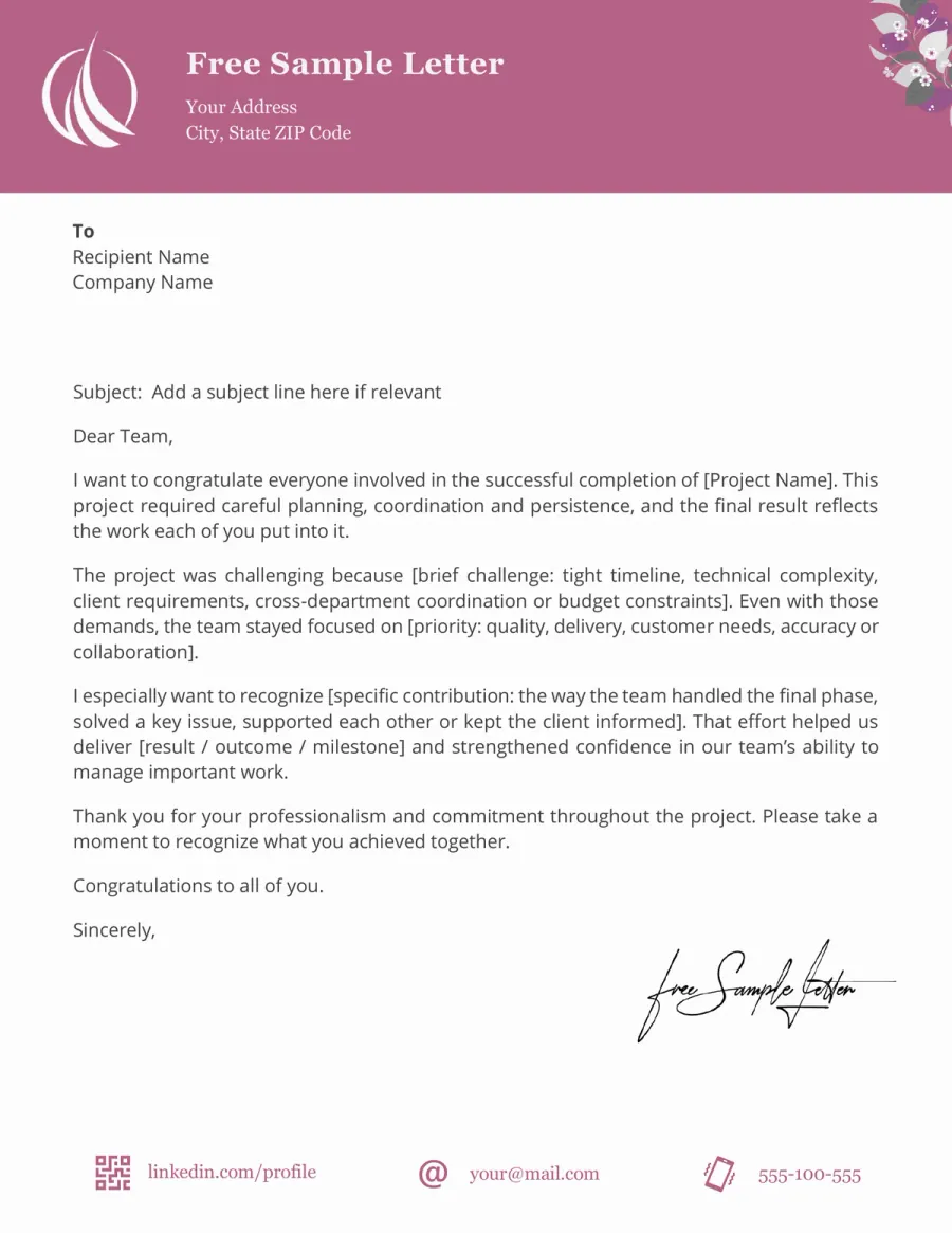 Preview of the Free Employee Congratulations Letter Template