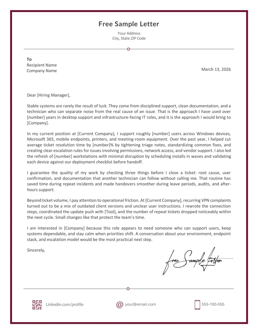 Information Technician Cover Letter Template Preview Before Word / PDF Download