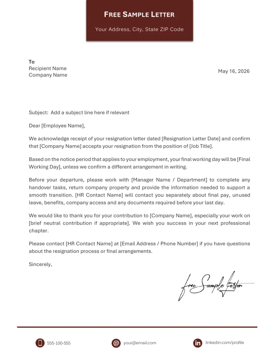 Preview of the Free Resignation Acceptance Letter Template