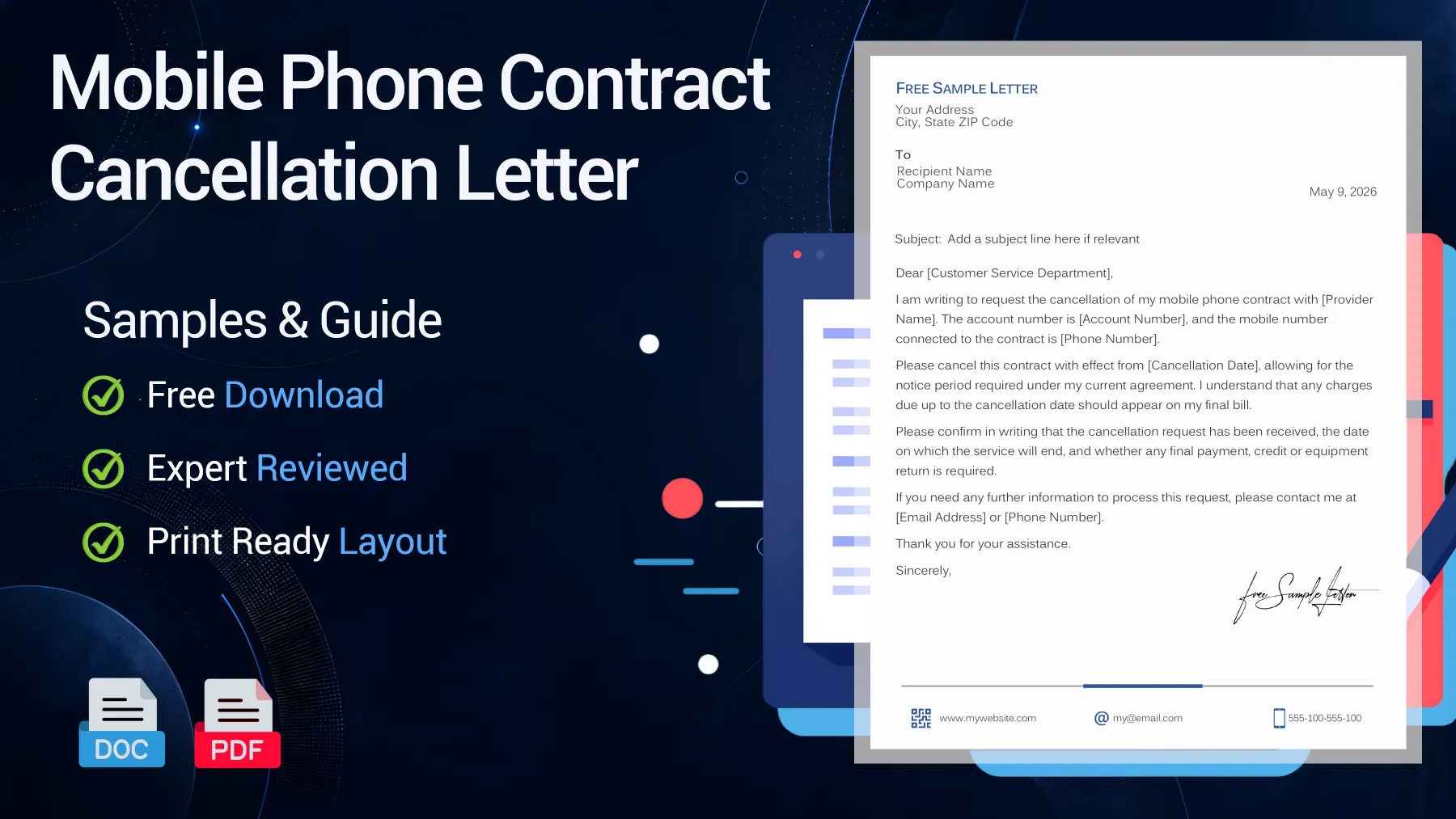Example of a mobile phone and internet contract cancellation letter with account details