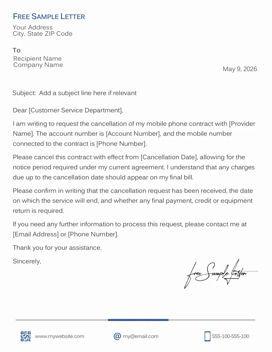 Preview of the Mobile Contract Cancellation Letter Template