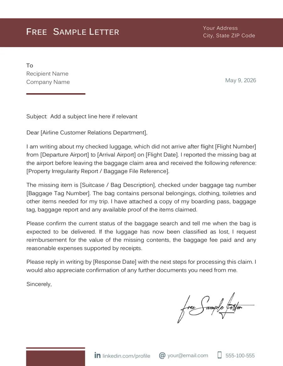 Preview of the Lost Luggage Complaint Template You Can Download