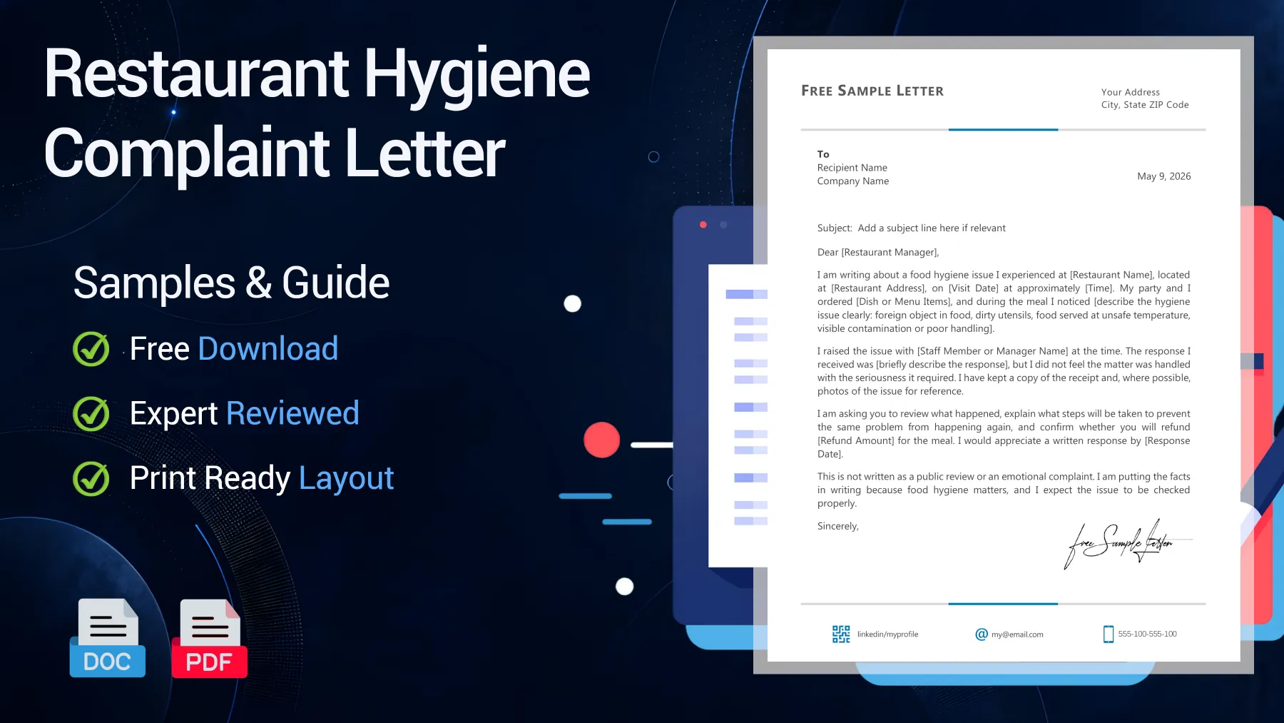 Example of a restaurant hygiene complaint letter reporting unsafe food and poor service