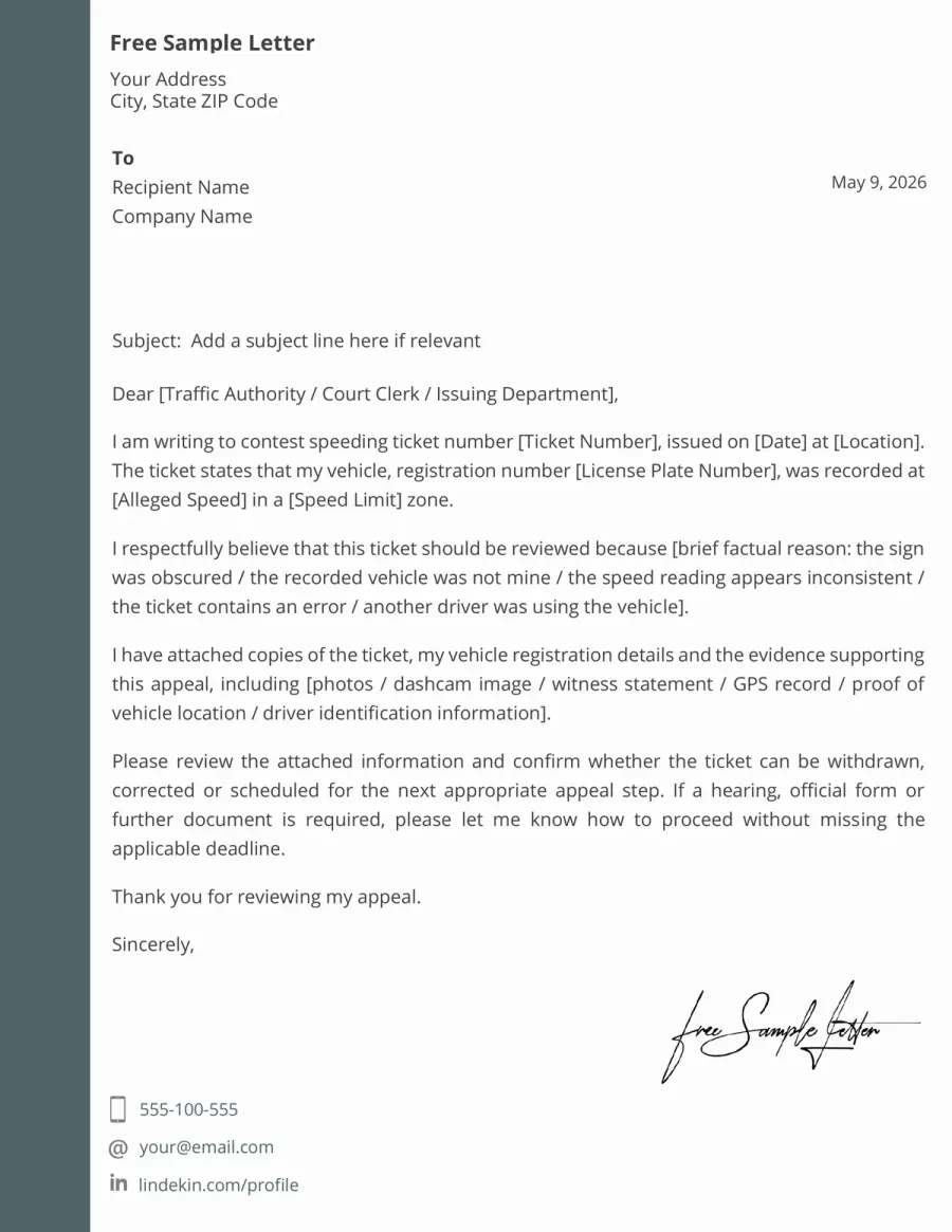 Preview of the Speeding Ticket Appeal Letter Template You Can Download