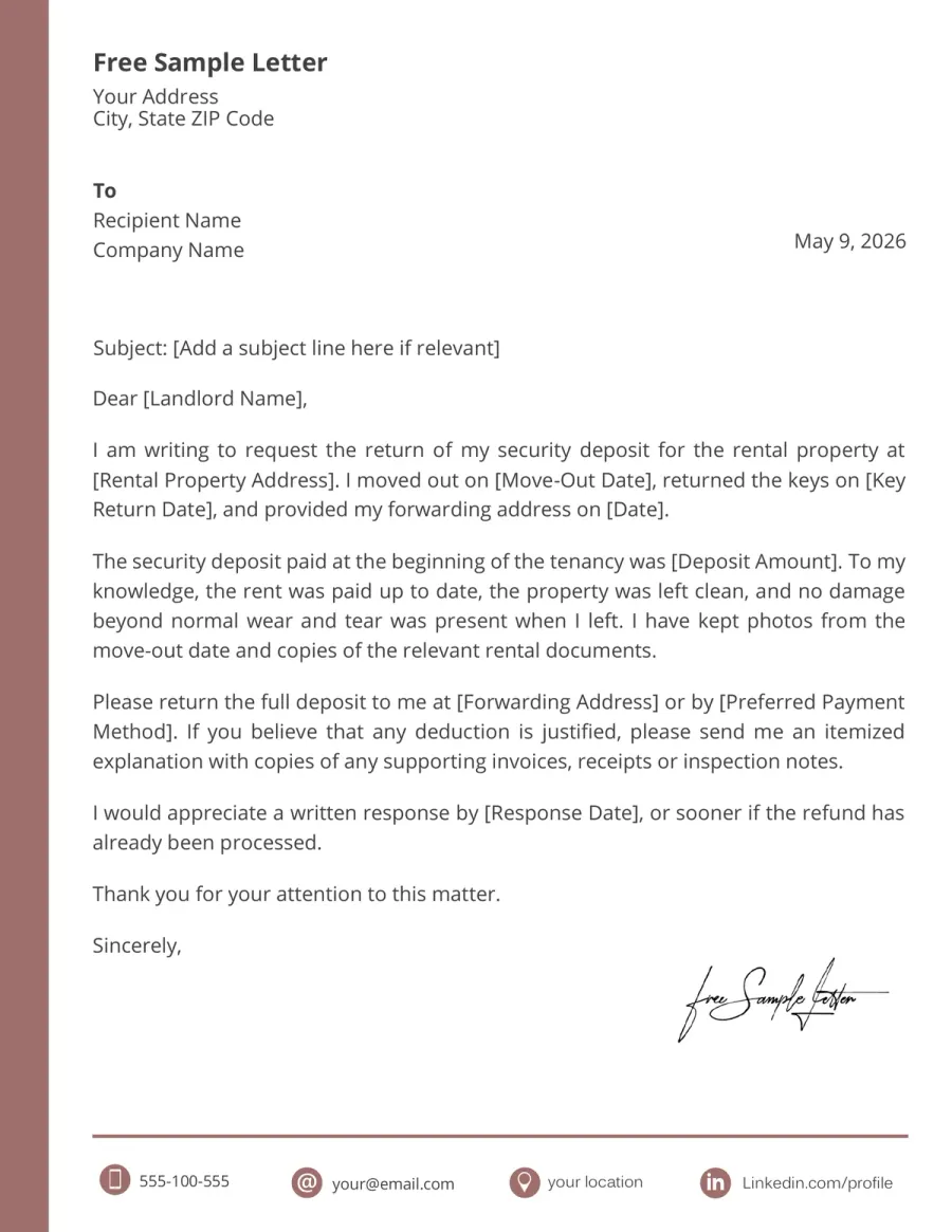 Preview of the Security Deposit Refund Letter Template You Can Download