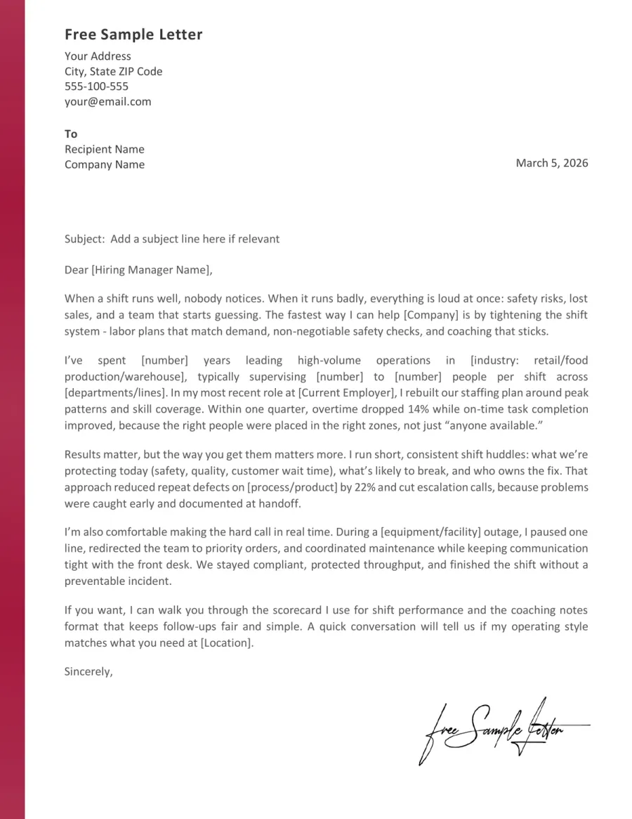 Shift Manager Cover Letter Template Preview Before Download (Word/PDF)